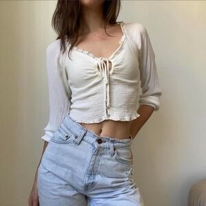 White Square Neck Tie Front Long Sleeve Bustier Milkmaid Top Size S